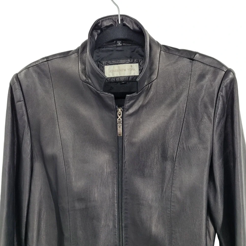 Vtg 90s Jones New York Buttery Leather Moto Blazer Jacket Coat L Black Zip Up‎